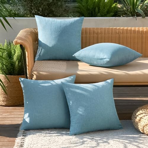 MIULEE Pack of 4 Decorative Outdoor Throw Pillow Covers Linen Waterproof Pillow Covers Summer Farmhouse Cushion Cases for Patio Garden Tent Balcony Couch Sofa 16x16 Inch Blue Gray - Image 3