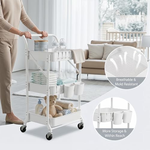 Amatic 3-Tier Folding Rolling Utility Cart with Wheels, Foldable Storage Cart Organizer with 3 Hanging Cups & 6 Hooks for Kitchen, Office, Living Room, Nursery(White) - Image 5