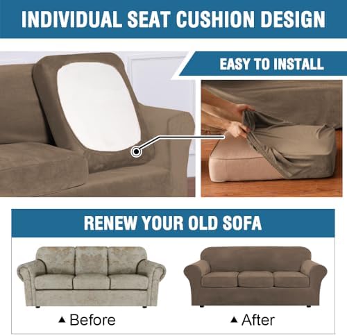 H.VERSAILTEX Rich Velvet Stretch 2 Piece Cover Chair Slipcover Sofa Cover Furniture Protector Couch Soft with Elastic Bottom Chair Couch Cover Width Up to 49 Inch (Chair, Mocha) - Image 6