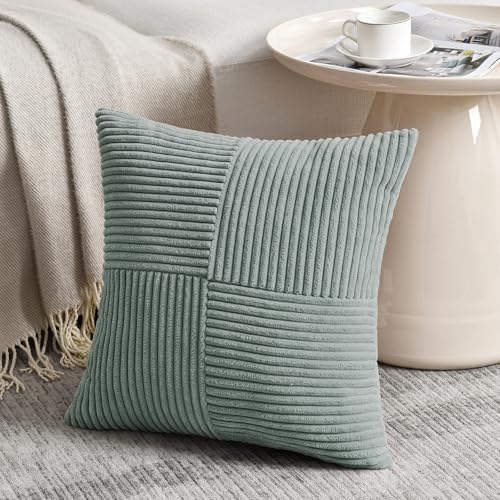 Fancy Homi 2 Packs Grey Blue Decorative Throw Pillow Covers 18x18 Inch for Couch Bed Sofa, Rustic Boho Farmhouse Home Decor, Soft Corss Corduroy Patchwork Textured Square Cushion Case 45x45 cm - Image 2