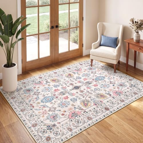 Hanples 3x5 Washable Rugs for Entryway, Vintage Floral Door Mat, Beige - Image 3