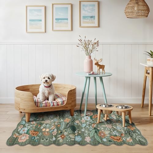 2x5 Washable Kitchen Area Rug: Floral Scalloped Entryway Runner Farmhouse Non-Slip Floor Carpet for Hallway Bathroom Soft Comfort Tile/Hardwood Floors Protection Mat Cute Home Decor(2x5, Floral/Green) - Image 2