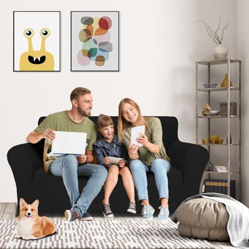 MAXIJIN Loveseat Cover Sofa Covers (55"-69"), 1-Piece Stretch Couch Covers for 2 Cushion Couch Love Seat Slipcover with Elastic Bottom for Kids,Dog (Loveseat, Diamond Pattern Black) - Image 2