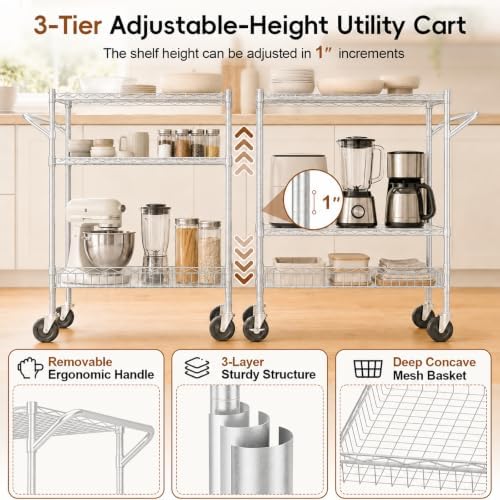 3-Tier Kitchen Storage Cart with Wheels, Rolling Utility Cart - Image 3