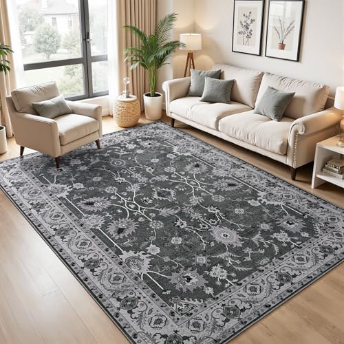 Hanples 5x7 Area Rugs for Living Room, Washable Rug Vintage Floral, Black by Hanples