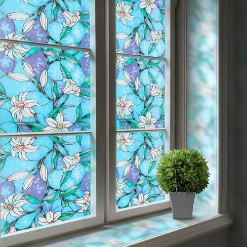rabbitgoo Stained Glass Window Privacy Film, Blue Lily, 35.4" X 118.1" by rabbitgoo
