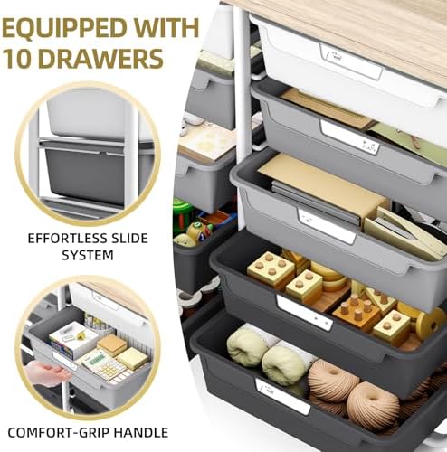10 Drawer Rolling Storage Cart with Wood Top for Classroom Crafts Grey - Image 4