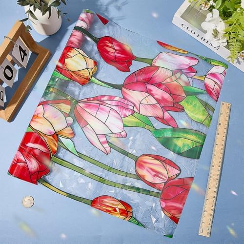 GORGECRAFT 39.4x17 Inch Tulip Privacy Sun Blocking Window Privacy Film Flower Reflective Non-Adhesive Rainbow Reusable Glass Cling UV Resistant Stained Window Glass Decorative 3D Decals for Room - Image 3
