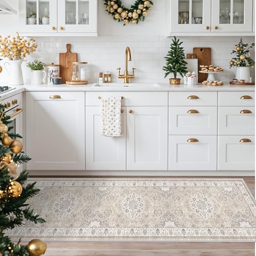 Hallway Washable Runner Rug - 2x7 Kitchen Rugs Entryway Rug Runner Vintage Soft Floor Mat Non Slip Indoor Farmhouse Carpet for Bathroom Living Room Bedroom (2 X 7, Beige) - Image 2