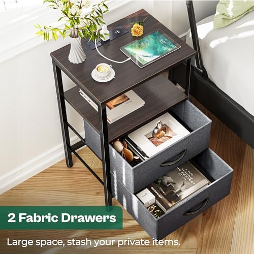 Huuger Nightstand with Charging Station, Side Table with Fabric Drawers - Image 5