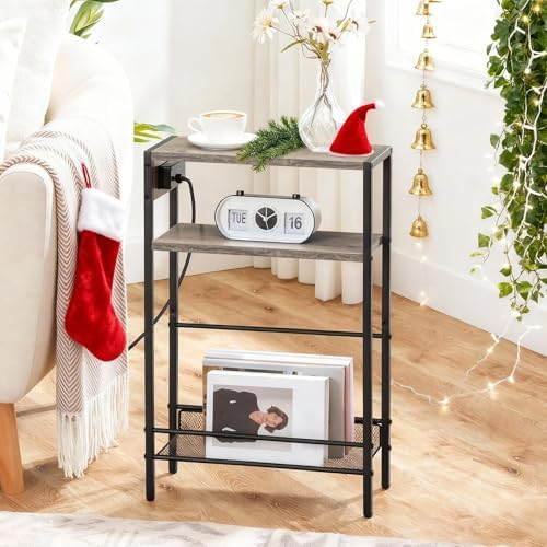 HOOBRO Small Narrow Side Table with Charging Station Set of 2, Skinny End Table for Small Spaces, Slim Nightstand with USB Ports Outlet, Sofa Beside Table with Storage Shelf BG102UBZP201 - Image 2