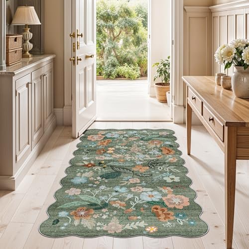 Washable Floral 2x4 Area Rug: Indoor Soft Scalloped Carpet for Entryway Kitchen Non-Slip Water Resistant Bathroom Laundry Floor Mat Low Pile Durable Nursery Door Mat Cute Home Decor(2x4 Floral/Green) - Image 4