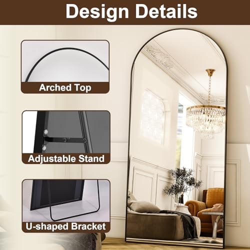 Full Body Mirrors Arched Large Full Length Mirror with Stand Aluminum Wall Mounted Hanging or Leaning Standing Mirrors (Black, 34"x76") - Image 5