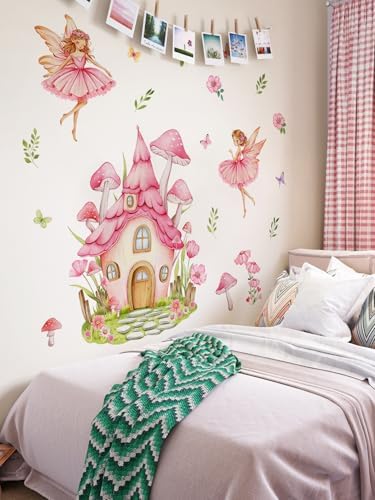 Pink Fairy Mushroom Wall Stickers Decal - Cottage Butterfly Flower Peel & Stick Removable Art Decoration Wall Decor for Girls Bedroom Kids Room Nursery Playroom,100 cm x120 cm - Image 6