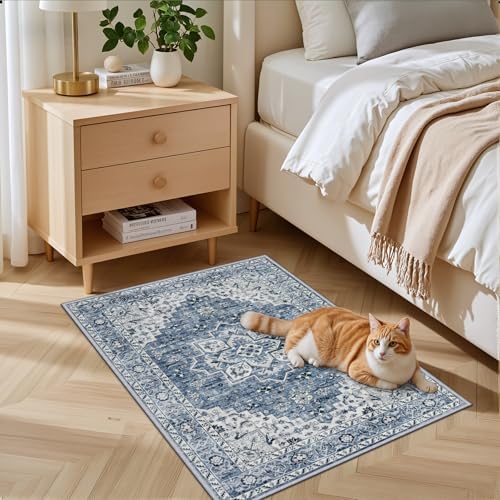 2x3 Area Rugs Living Room: Washable Vintage Rug for Bedroom Blue - Image 3