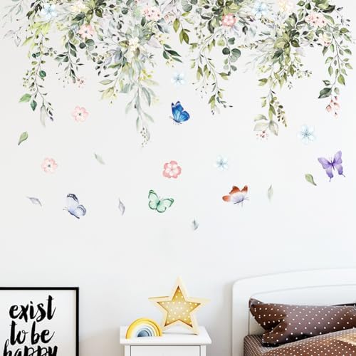 Hanging Green Vine Wall Decals,Succulent Plants Wisteria Floral Flowers Butterflies Birds Wall Stickers, Self-Adhesive Vinyl Removable Living Room Sofa TV Wall Decor - Image 5