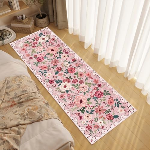DUKINO 2x10 Runner Rug, Floral Washable Kitchen Runner Rug Non Slip, Pink by DUKINO