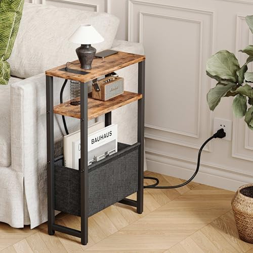 Narrow Side Table with Charging Station Slim End Table Sofa with Magazine Rack, Bedside Table for Small Spaces, 3 Tier Nightstand for Living Room Couch, Bedroom Rustic Brown LET503RE - Image 2