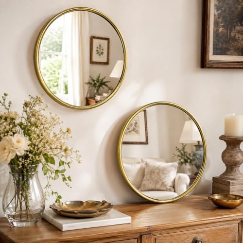 12"x12" Round Decorative Wall Mirror, 2 Pack Metal Framed Real Glass Mirror, Aesthetic Rounded Shape Vanity Mirror for Bedroom, Living Room, Gold Accent Home Decor by OPULINEA