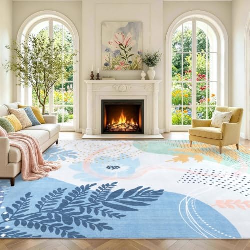 6x9 Ft Washable Area Rug for Living Room Cream Blue Modern Neutral Carpet - Image 2