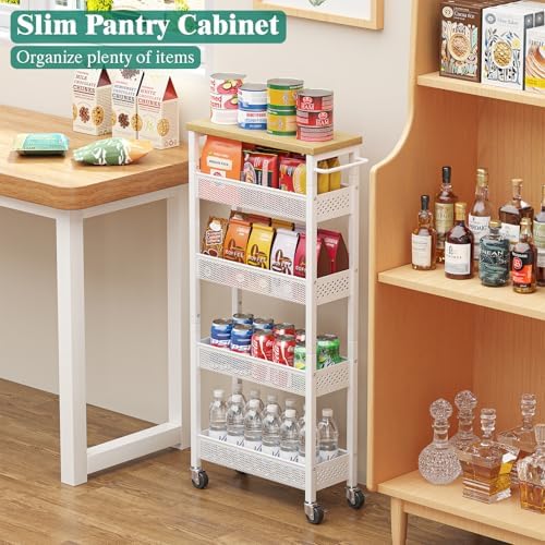 Giwil Slim Storage Cart 5 Tier Narrow Kitchen Rolling Cart on Wheels for Small Space, Metal Utility Cart Narrow Bathroom Storage Cabinet Mobile Shelf Unit Organizer with Wood Top and Handle, White - Image 4