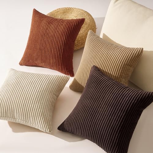 Topfinel 20x20 Decorative Pillow Covers Set of 4 Rustic Modern Soft Corduroy Striped Cushion Covers Beige Brown Gradient Farmhouse Pillow Case for Sofa Couch Living Room Bedroom - Image 6