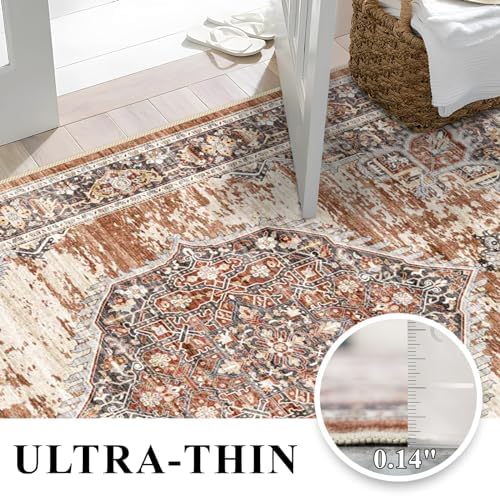 YOUFORTONG Area Rug 3x5 for Living Room: Soft Ultra Thin Low Pile Mat Machine Washable Indoor Doormat Lightweight Entry Rug Anti Slip Backing Rugs for Bedroom Kitchen 3'x5' Brick - Image 5