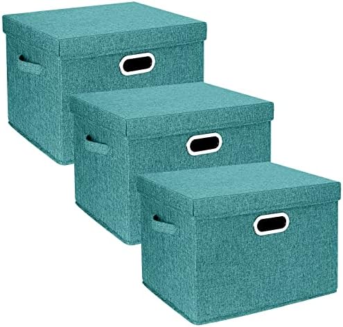 TYEERS Large Storage Bins with Lids, Collapsible, Washable, Fabric Storage Boxes for Organizing, 17.3x11.8x11.4 inches, 3 Pack, Aqua Deep by StorageOrganization