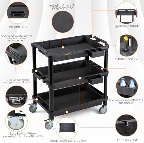 ELAFROS 3-Shelf Heavy Duty Rolling Utility Cart, 32.4 x 18.3 in - Image 3