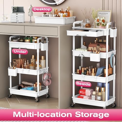 Goovilla Rolling Makeup Organizer Cart with Removable Drawer, 3 Tier White - Image 6