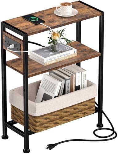 Small Narrow Side Table with Charging Station, Skinny End Table for Small Spaces, Slim Nightstand with Outlets, Sofa Bedside Table in Living Room, Bedroom, Study, Kitchen and Balcony (Rustic Brown) by HOME