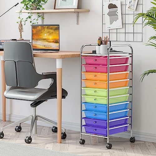 MEDIMALL 10 Drawers Rolling Storage Cart, Multipurpose Craft Storage Cart with Wheels, Mobile Tools Scrapbook Paper Organizer Cart for Office School Home Use (Rainbow) - Image 2