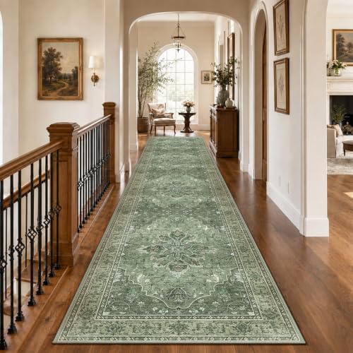 RELEANY Washable Area Rug, Runner 3'x12', Green/Dark Green/Gray by RELEANY