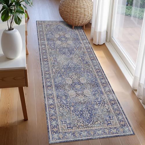 Washable Area Rug 2'6'' x 8' Vintage Traditional Persian Mat - Foldable Distressed Non-Slip Machine Washable Carpet for Living Room Bedroom Kitchen Home Decor - Indigo and Gold - Image 3