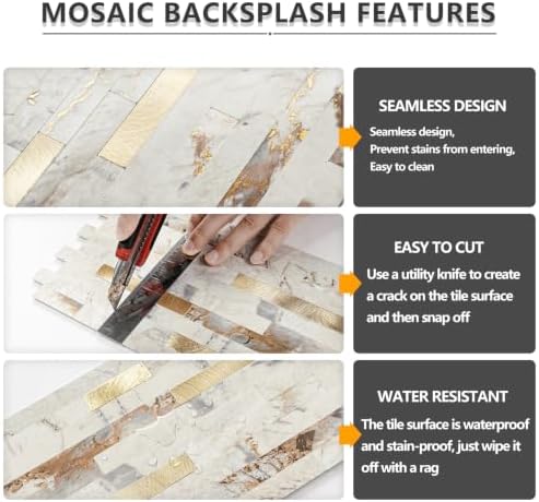 STICKGOO 20 Sheets Peel and Stick Backsplash Tile, Stick on Backsplash for Kitchen and Bathroom, Pandora Marble Look PVC Mixed Metal Gold Self Adhesive Wall Tiles - Image 4
