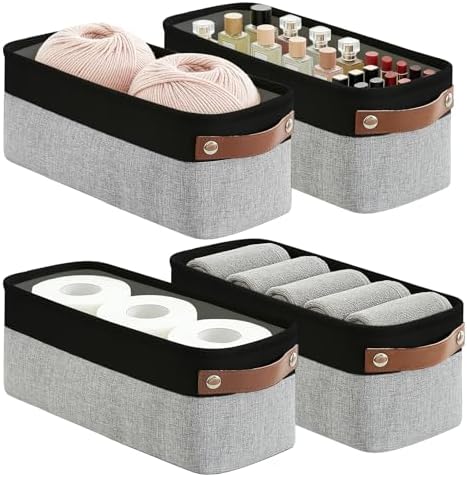 Bagnizer Small Fabric Storage Baskets, 15x6x5 inch Narrow Storage Bins 4-Pack Long Storage Basket for Organizing with Handles, Decorative Basket for Closets, Shelves, Toilet Paper, Grey by Bagnizer
