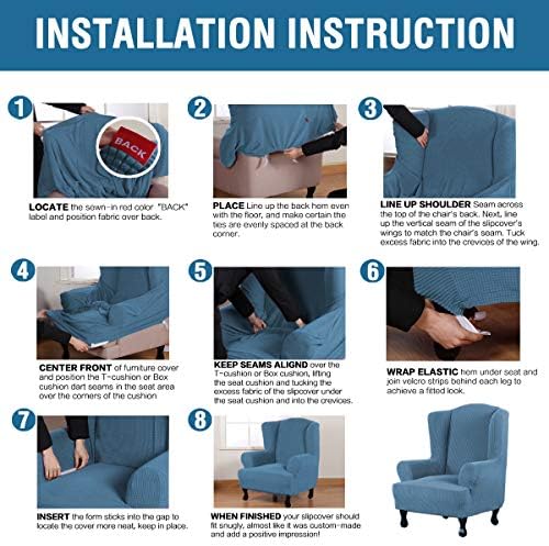 H.VERSAILTEX Wing Chair Slipcover Chair Covers for Wingback Chairs Wingback Chair Covers Slipcovers 1 Piece Stretch Sofa Cover Furniture Protector Soft Spandex Jacquard Checked Pattern, Dusty Blue - Image 6