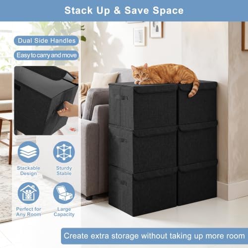 Bagnizer Large 17" 42 Quarts Collapsible Stackable Storage Bins with Lids [3-Pack] Foldable Fabric Linen Storage Boxes Cube, Closet Organizer Baskets with Label (16.7 x 12 x 12, Black) - Image 5