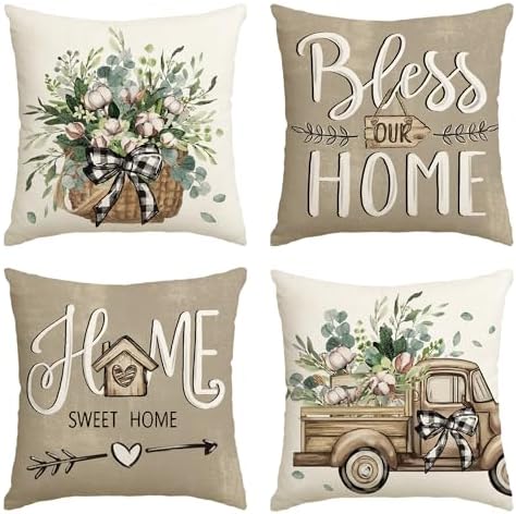 AVOIN colorlife Bless Our Home Farmhouse Eucalyptus Leaves Throw Pillow Covers, 18 x 18 Inch Truck Home Sweet Home Cushion Case Decorations Set of 4 by AVOINcolorlife
