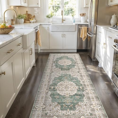 2x5 Runner Rug Washable Vintage: Non Slip Long Kitchen Runners Green/Beige by Ksrau