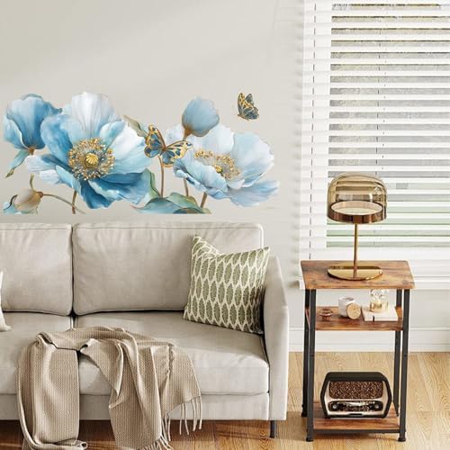 ANNA QUEEN Blue Flower Wall Decals Peel and Stick Floral Wall Stickers with Butterfly Removable Vinyl Botanical Flower Wall Decor for Living Room Bedroom Hallway Elegant Wall Art - Image 6