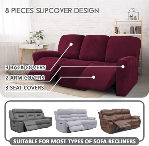 ULTICOR Velvet 8-Pieces Recliner Sofa Covers Stretch Reclining Couch Covers for 3 Cushion Reclining Sofa Slipcovers Furniture Covers Thick Soft Washable (3 Seater Recliner Cover, Wine) - Image 2