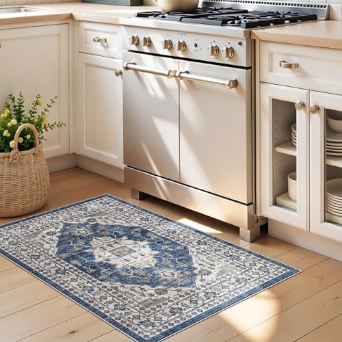 2x3 Washable Vintage Area Rug: Indoor Soft Entryway Rug with Non Slip Backing Water Resistant Carpet for Kitchen Bathroom Laundry Low Pile Door Mat Perfect for Homes with Cats & Dogs(2x3,Blue) - Image 4
