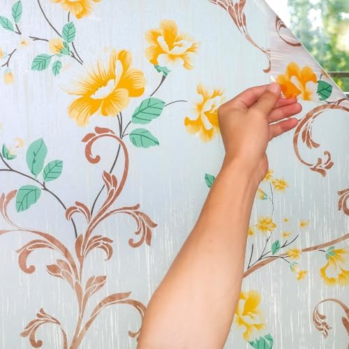 Volcanics Stained Glass Window Film, Frosted Glass Window Privacy Film, Decorative Window Clings, Floral Design Static Cling Sun Blocking Tint for Bathroom, 17.5 x 78.7 Inch - Image 5