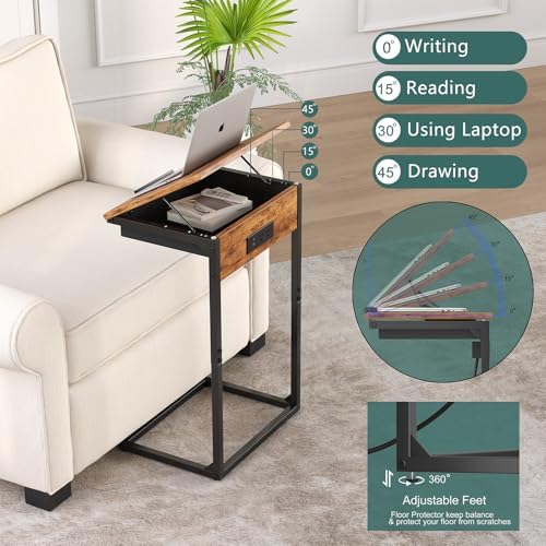 sthmec C Shaped End Table with Charging Station,45° Tiltable Adjustable Flip Top Side Table Set of 2,Small C Table Set 2 for Small Spaces,Slide Under Couch Sofa Bedside Table Living Room,Rustic Brown - Image 4