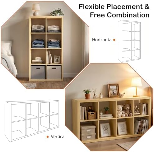 WannabeMyself【2026 Wooden Thick Frame】 8 Cube Storage Organizer with Anti-Tipping Kits, Reversible Open Back Book Shelf,Bookcase for Living Room,Bedroom,Entrance Hall,Office,11.6×48×24.6,Oak Color - Image 4