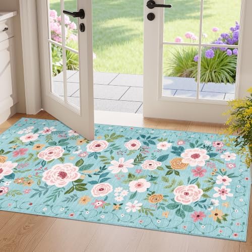 DUKINO 2x4 Entryway Rug, Floral Washable Kitchen Rugs Non Slip, Teal by DUKINO