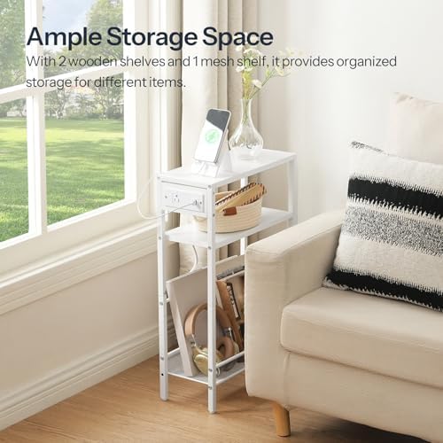 HOOBRO Small Narrow Side Table with Charging Station, Skinny End Table for Small Spaces, Slim Nightstand with USB Ports Outlet, Sofa Beside Table with Storage Shelf, White WT102UBZ01 - Image 5