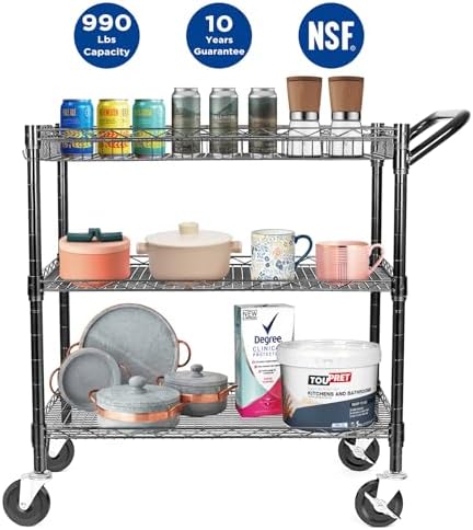 WDT 990Lbs Capacity Heavy Duty Rolling Utility Cart, NSF Rolling Carts with Wheels,Commercial Grade Metal Cart with Handle Bar & Shelf Liner,Trolley Serving Cart for Restaurant,Kitchen,Black - Image 2
