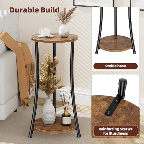 Simple Trending Round Side Table, 2 Tiers End Table for Living Room with Storage Shelf, Slim Sofa Table Set of 2, Rustic Brown - Image 6